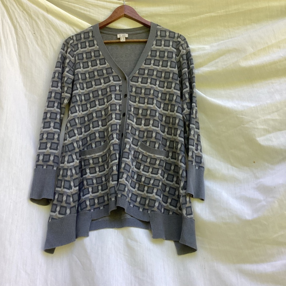 LOGO by Lori Goldstein Gray Cardigan Sweater with Geometric Pattern, size XXS